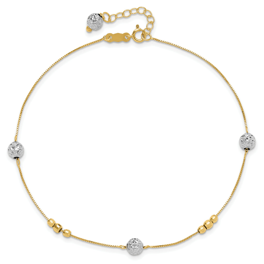 14k Two-tone Textured and Mirror Beads 5-Station 9 inch Plus 1 inch Bead Dangle Extender - Total 10 - Sophia Jewelers