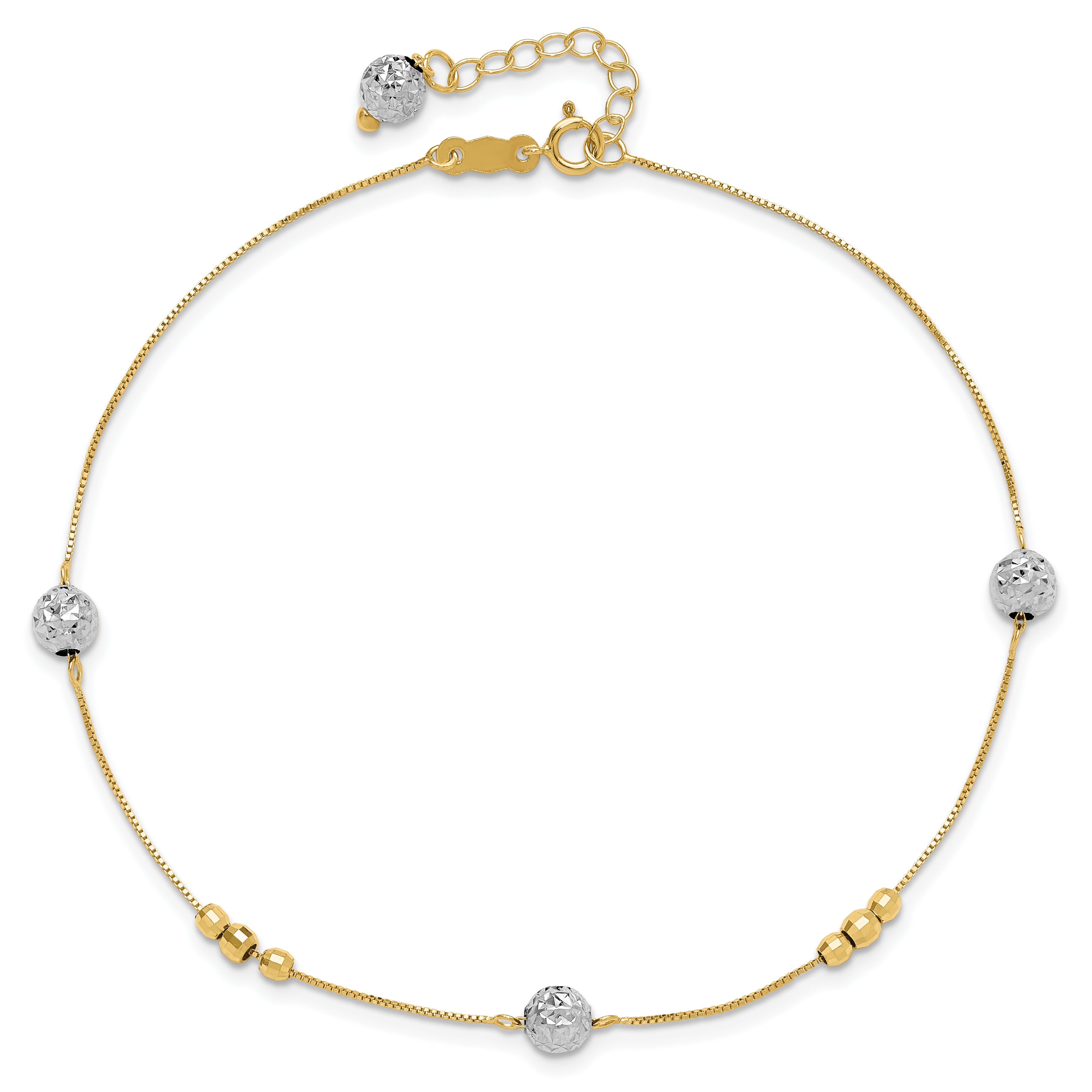 14k Two-tone Textured and Mirror Beads 5-Station 9 inch Plus 1 inch Bead Dangle Extender - Total 10 - Sophia Jewelers