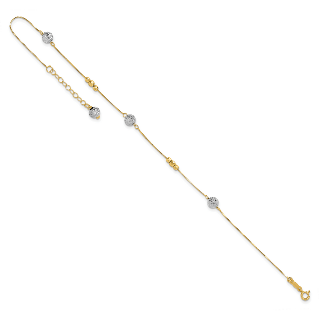 14k Two-tone Textured and Mirror Beads 5-Station 9 inch Plus 1 inch Bead Dangle Extender - Total 10 - Sophia Jewelers