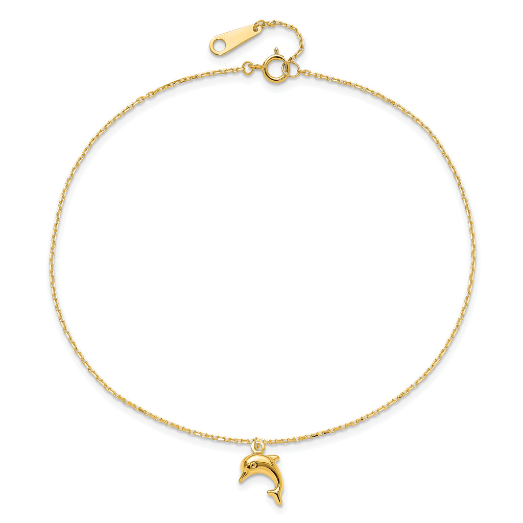 14k Dolphin Charm Dangle 9 inch Plus 1 inch Extender - Total 10 inch Anklet - Sophia Jewelers
