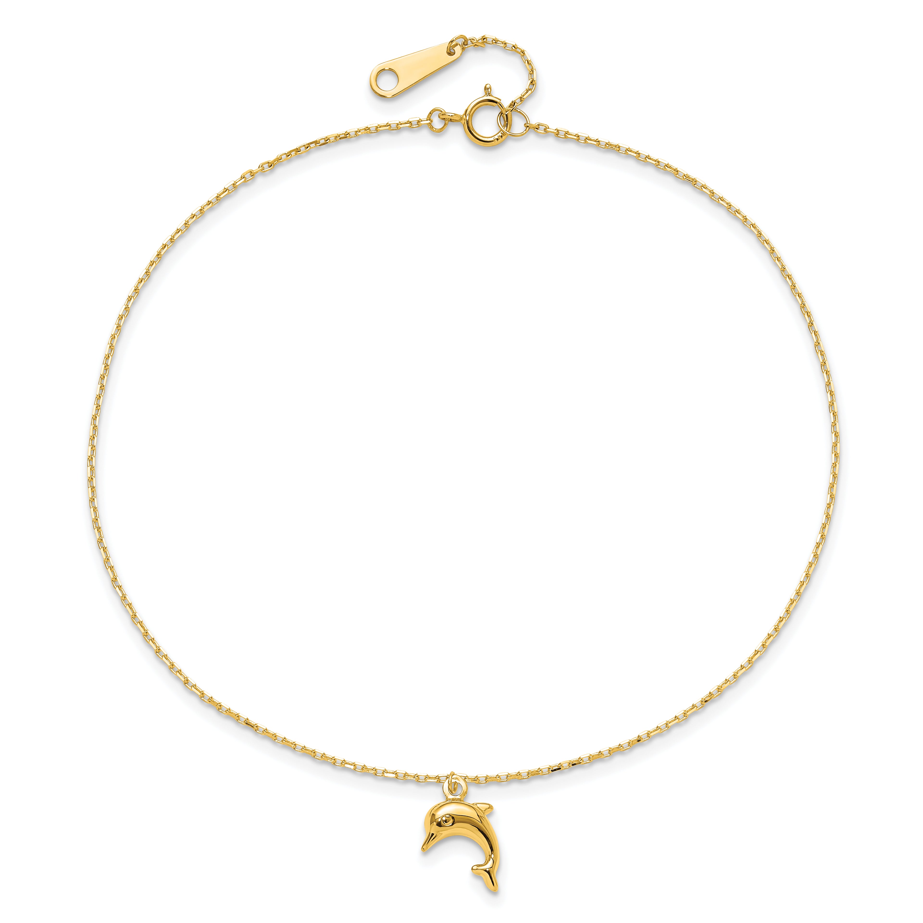 14k Dolphin Charm Dangle 9 inch Plus 1 inch Extender - Total 10 inch Anklet - Sophia Jewelers