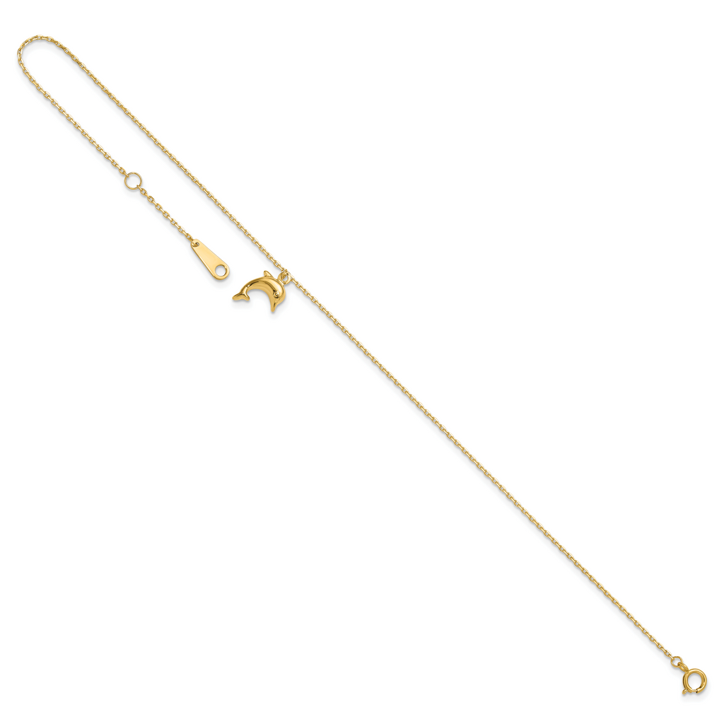 14k Dolphin Charm Dangle 9 inch Plus 1 inch Extender - Total 10 inch Anklet - Sophia Jewelers