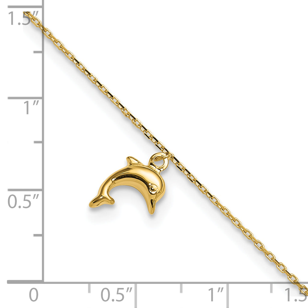 14k Dolphin Charm Dangle 9 inch Plus 1 inch Extender - Total 10 inch Anklet - Sophia Jewelers