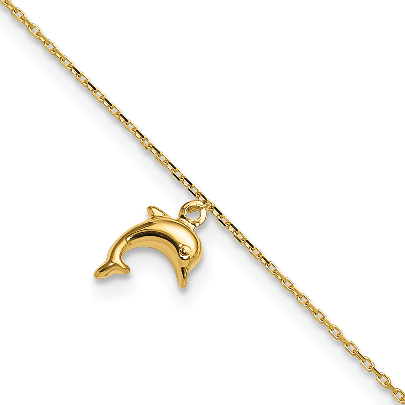 14k Dolphin Charm Dangle 9 inch Plus 1 inch Extender - Total 10 inch Anklet - Sophia Jewelers