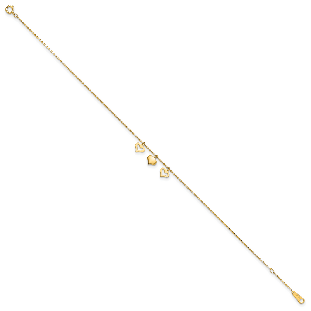14k Three Heart Dangles 9 inch Plus 1 inch Extender - Total 10 inch Anklet - Sophia Jewelers