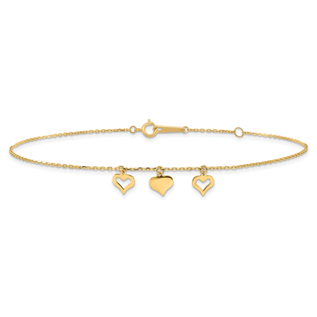 14k Three Heart Dangles 9 inch Plus 1 inch Extender - Total 10 inch Anklet - Sophia Jewelers
