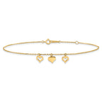 14k Three Heart Dangles 9 inch Plus 1 inch Extender - Total 10 inch Anklet - Sophia Jewelers