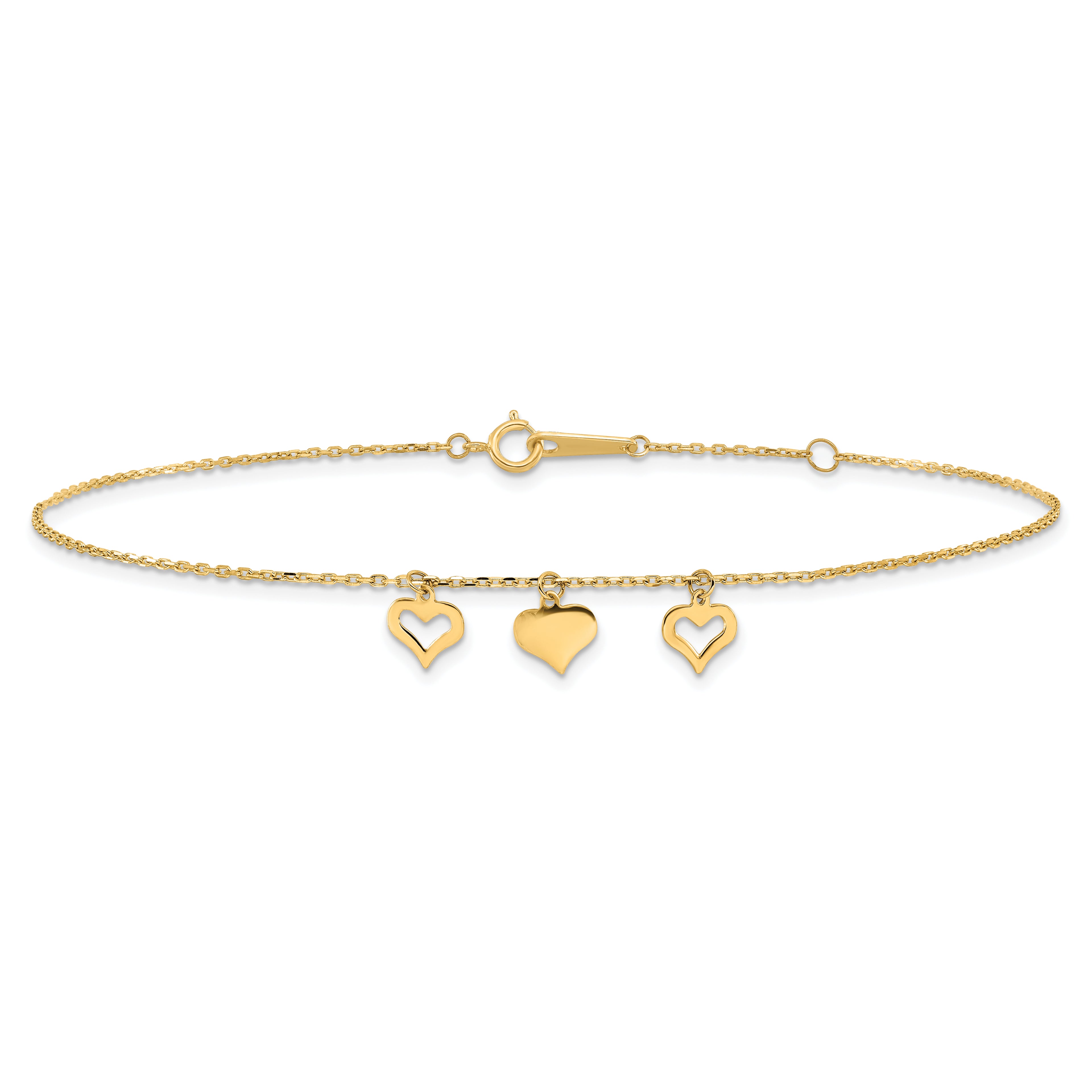 14k Three Heart Dangles 9 inch Plus 1 inch Extender - Total 10 inch Anklet - Sophia Jewelers