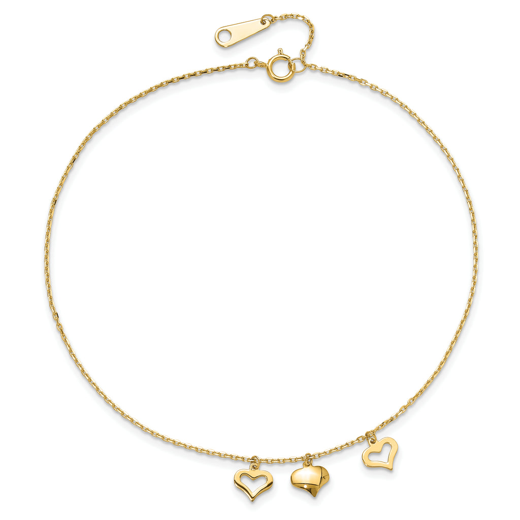 14k Three Heart Dangles 9 inch Plus 1 inch Extender - Total 10 inch Anklet - Sophia Jewelers