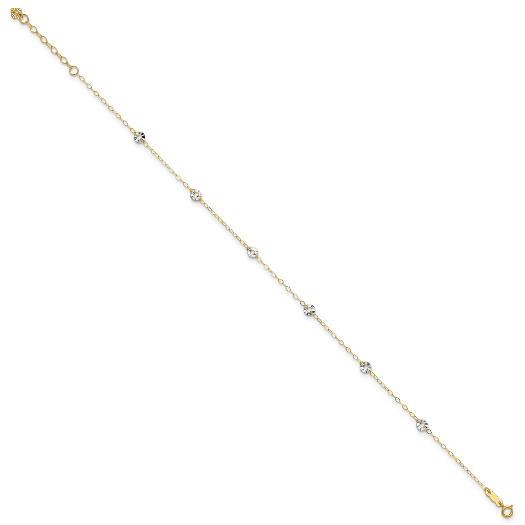 14K Two-tone Chain and Wavy Circles 6-Station 9 inch Plus 1 inch Extender - Total 10 inch Anklet - Sophia Jewelers