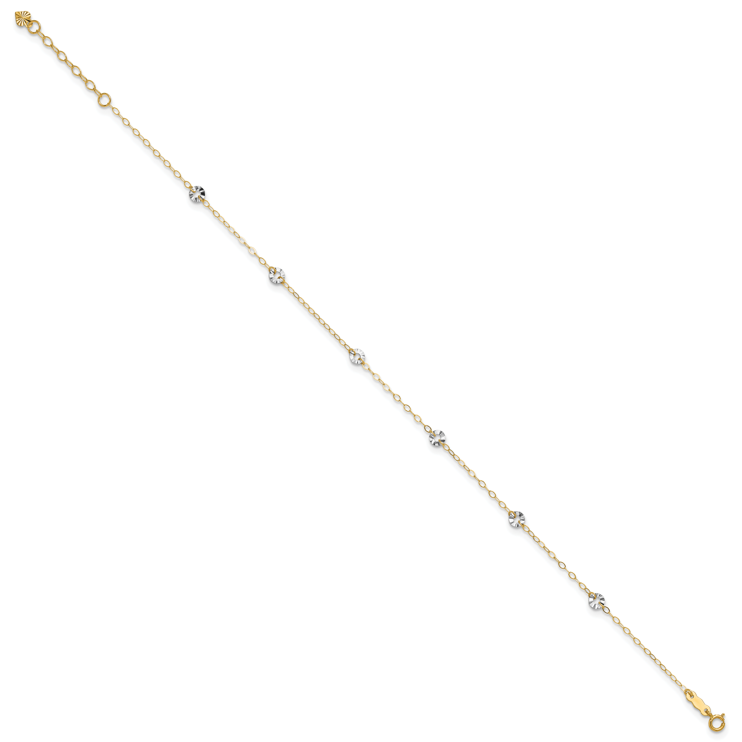 14K Two-tone Chain and Wavy Circles 6-Station 9 inch Plus 1 inch Extender - Total 10 inch Anklet - Sophia Jewelers