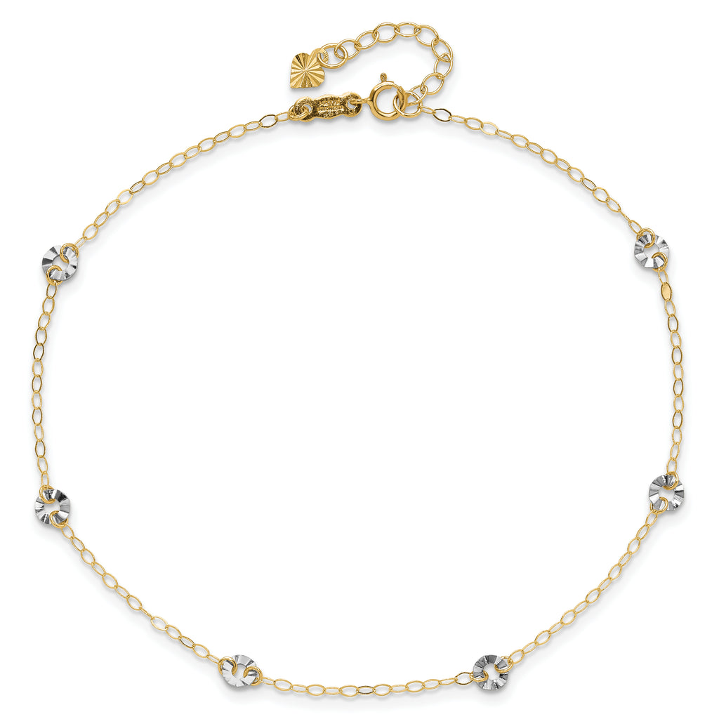 14K Two-tone Chain and Wavy Circles 6-Station 9 inch Plus 1 inch Extender - Total 10 inch Anklet - Sophia Jewelers