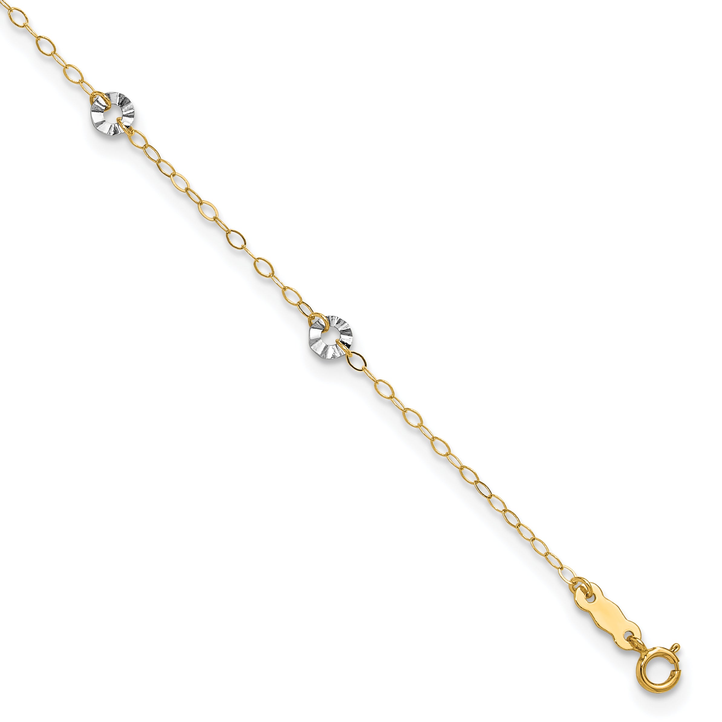 14K Two-tone Chain and Wavy Circles 6-Station 9 inch Plus 1 inch Extender - Total 10 inch Anklet - Sophia Jewelers
