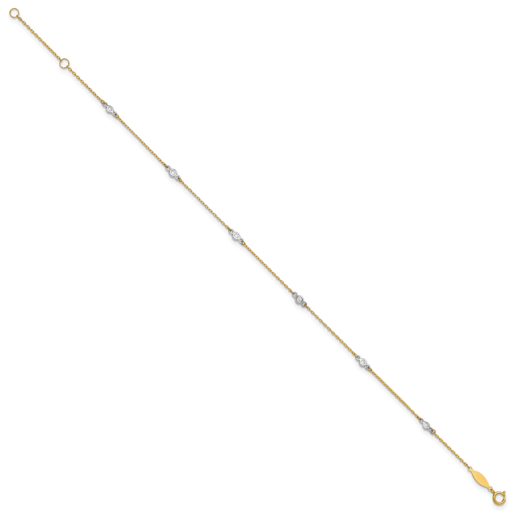 14k Two-tone Bezel-set CZ 6-Station 9 inch Plus 1 inch Extender - Total 10 inch Anklet - Sophia Jewelers