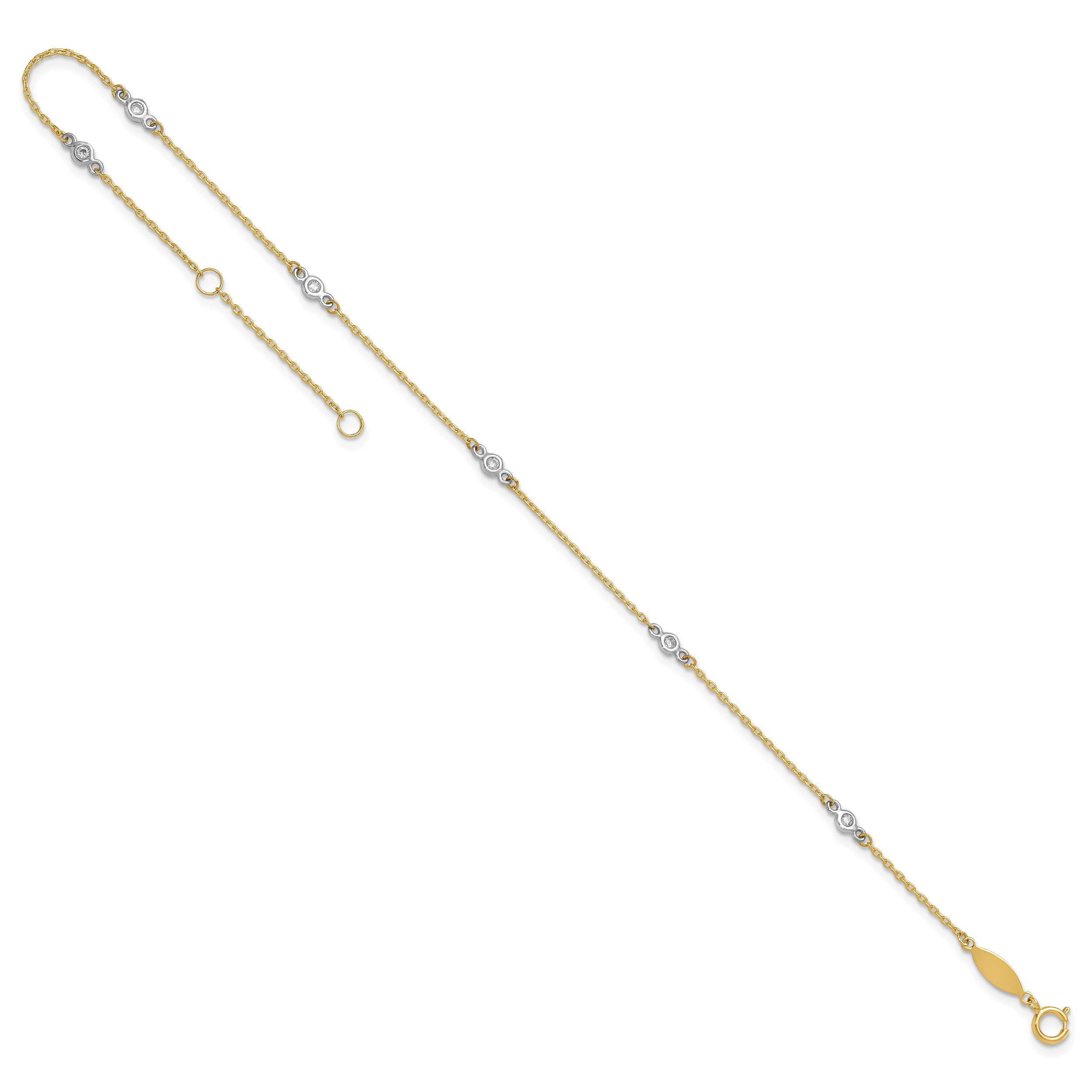14k Two-tone Bezel-set CZ 6-Station 9 inch Plus 1 inch Extender - Total 10 inch Anklet - Sophia Jewelers