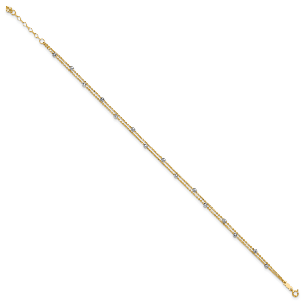 14K Two-tone 2-Strand Chain with Mirror Beads 9 inch Plus 1 inch Extender - Total 10 inch Anklet - Sophia Jewelers