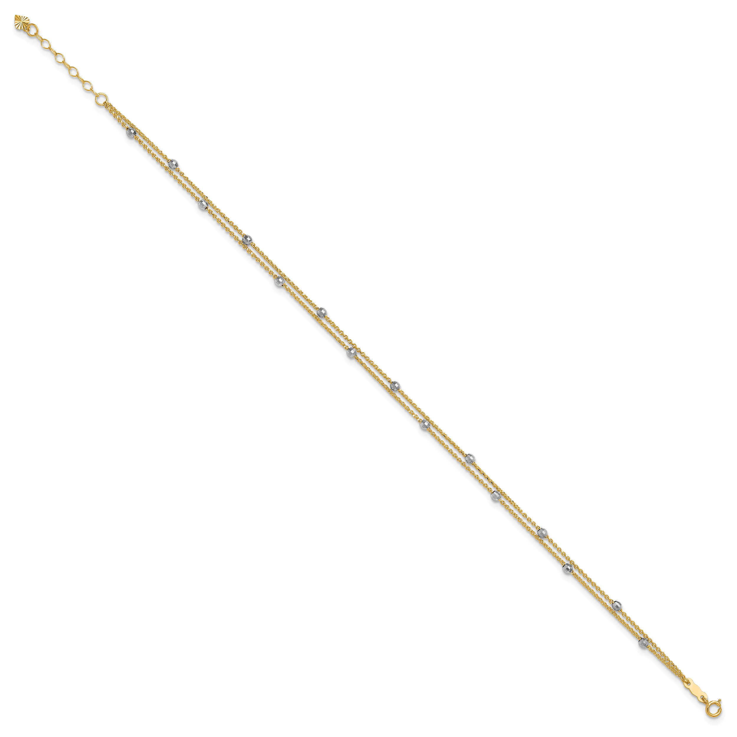 14K Two-tone 2-Strand Chain with Mirror Beads 9 inch Plus 1 inch Extender - Total 10 inch Anklet - Sophia Jewelers