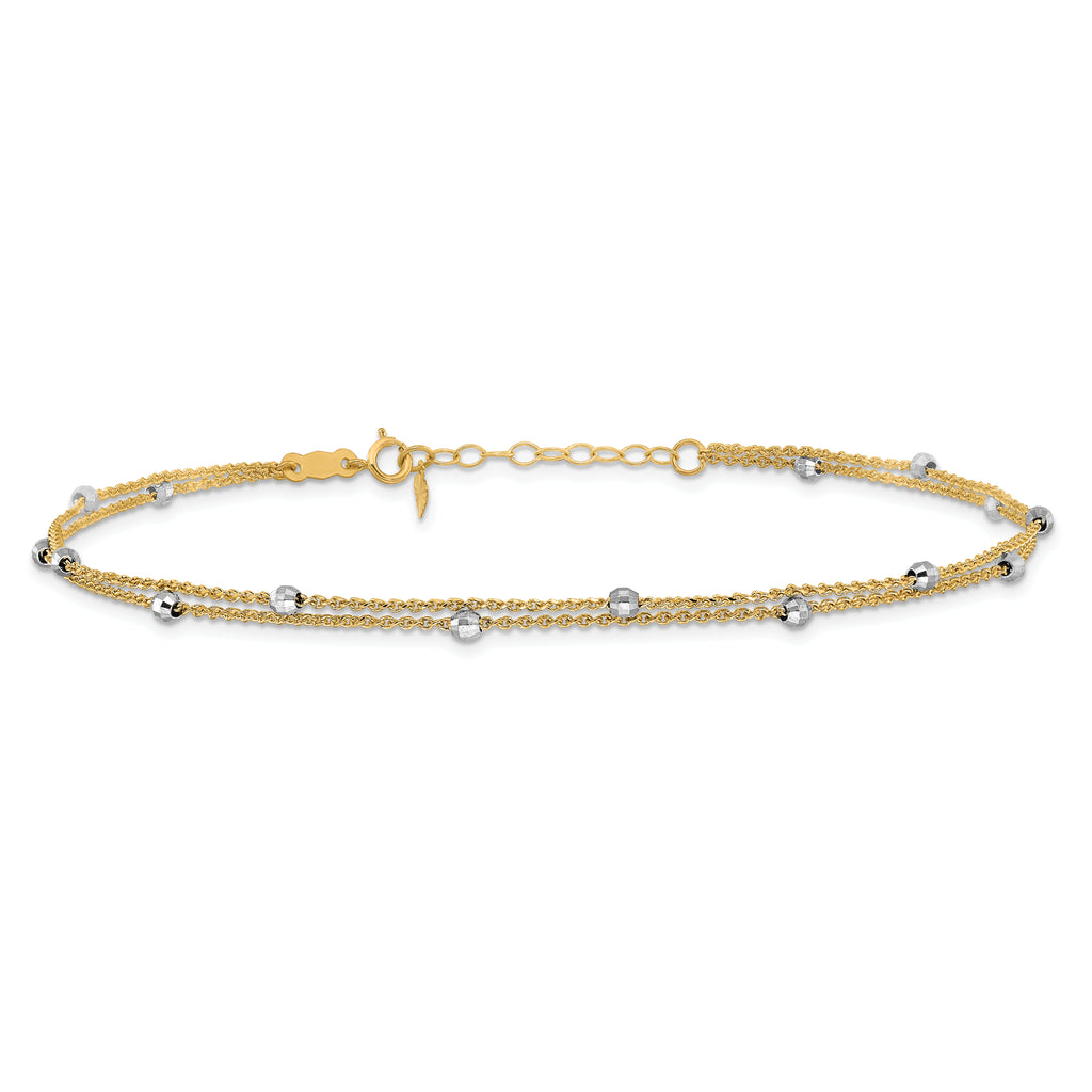 14K Two-tone 2-Strand Chain with Mirror Beads 9 inch Plus 1 inch Extender - Total 10 inch Anklet - Sophia Jewelers