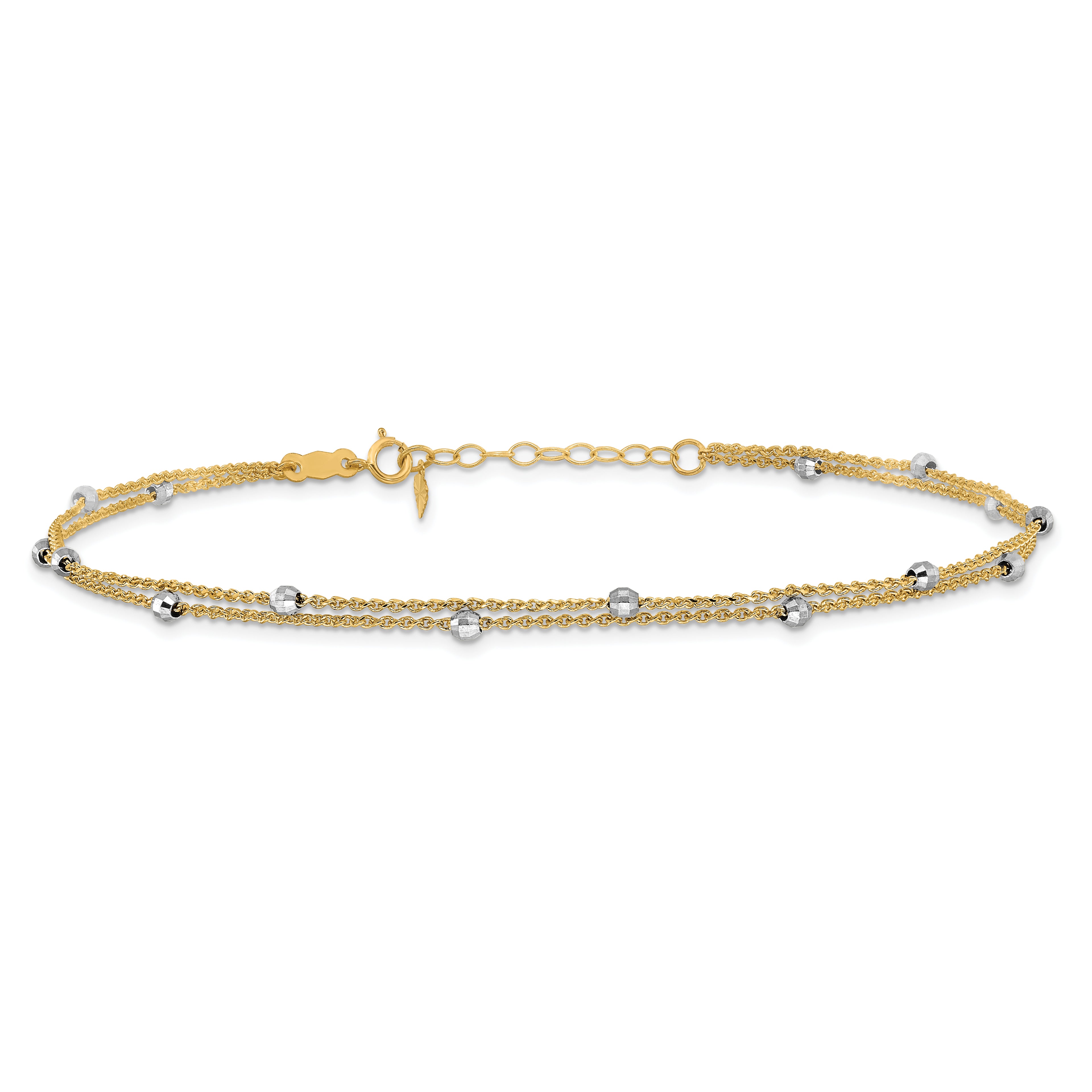 14K Two-tone 2-Strand Chain with Mirror Beads 9 inch Plus 1 inch Extender - Total 10 inch Anklet - Sophia Jewelers