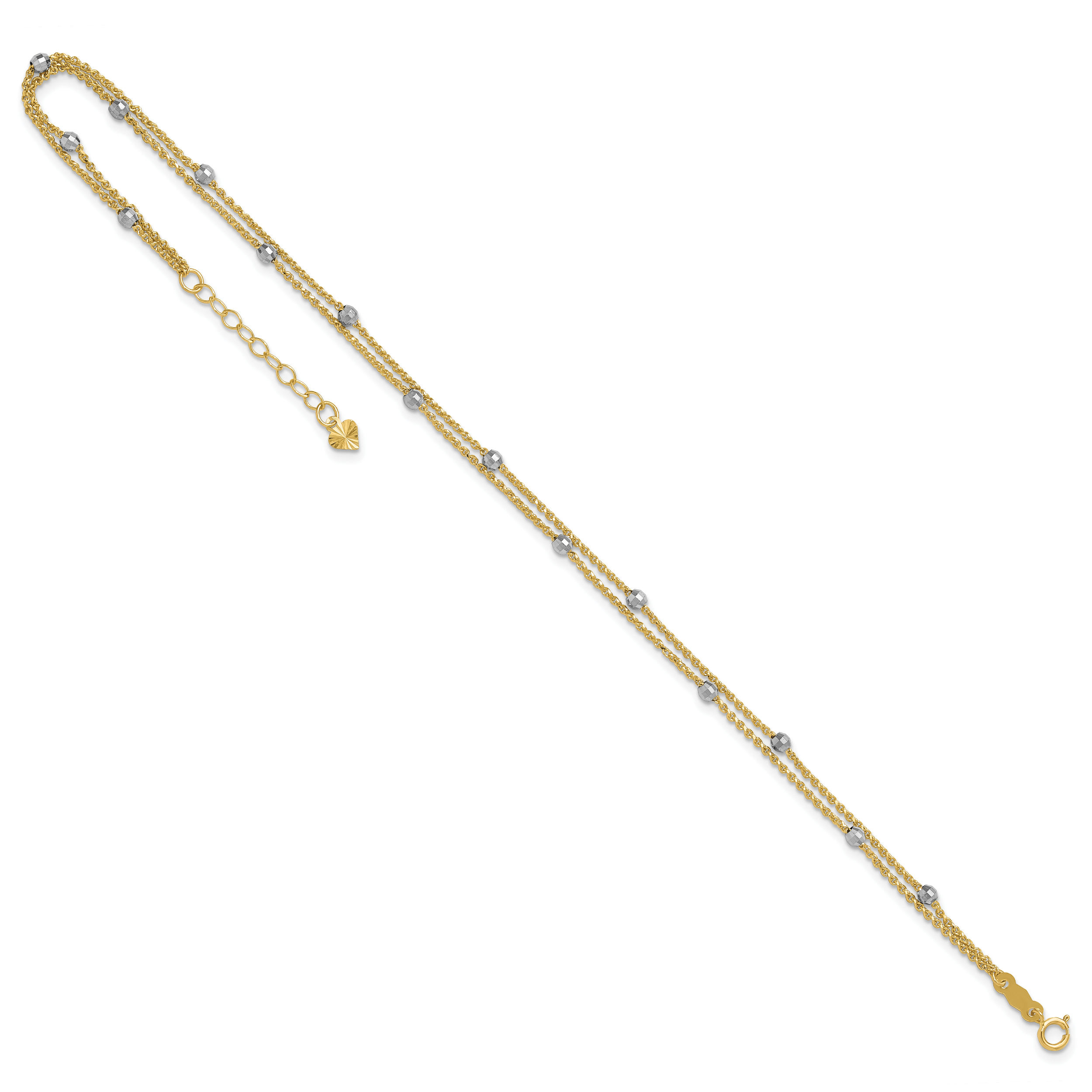 14K Two-tone 2-Strand Chain with Mirror Beads 9 inch Plus 1 inch Extender - Total 10 inch Anklet - Sophia Jewelers