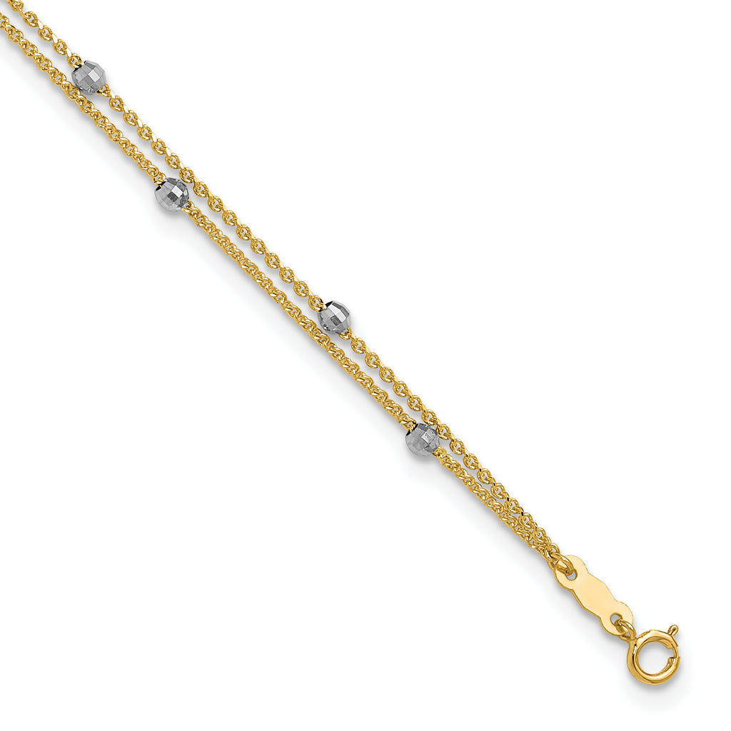 14K Two-tone 2-Strand Chain with Mirror Beads 9 inch Plus 1 inch Extender - Total 10 inch Anklet - Sophia Jewelers