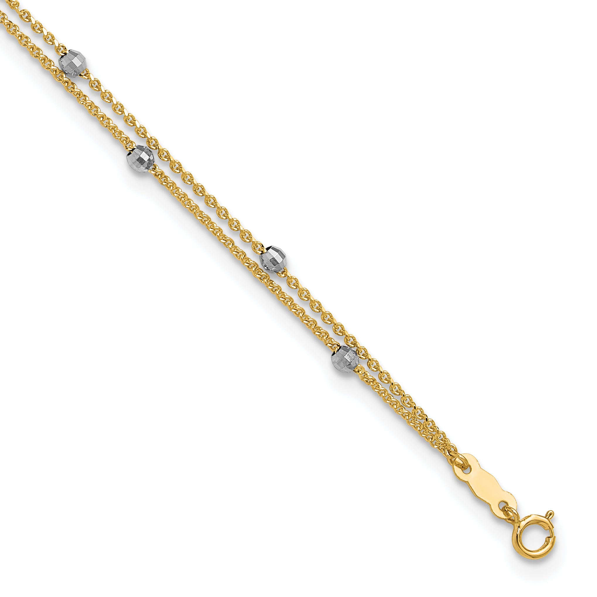 14K Two-tone 2-Strand Chain with Mirror Beads 9 inch Plus 1 inch Extender - Total 10 inch Anklet - Sophia Jewelers
