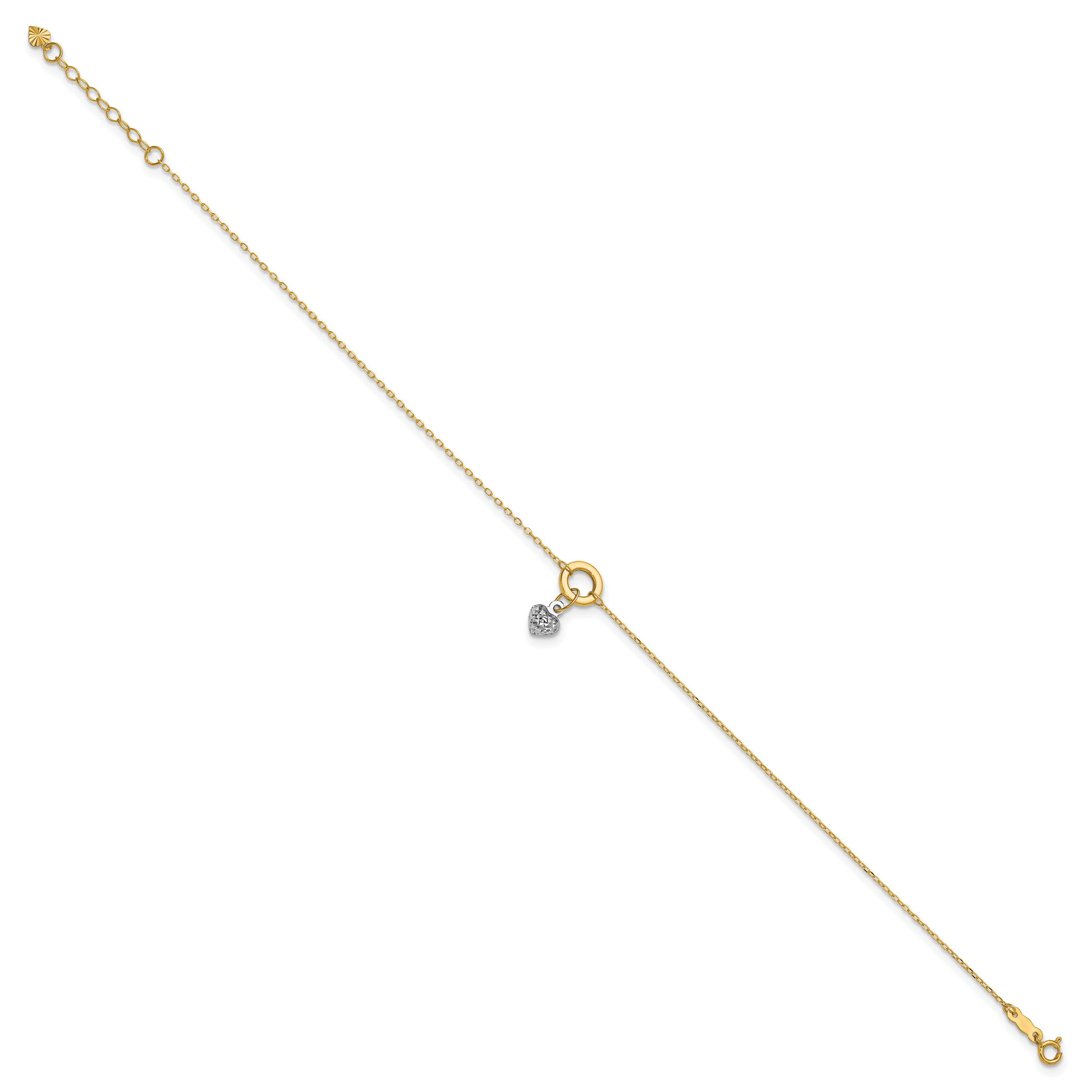 14K Two-tone Circle with Diamond-cut Puffed Heart Dangle 9 inch Plus 1 inch Extender - Total 10 inch Secondary image