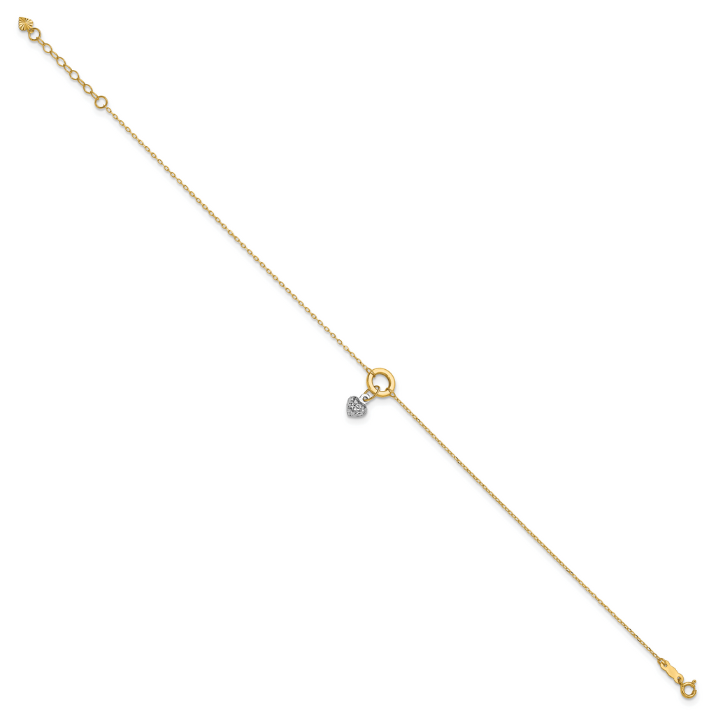 14K Two-tone Circle with Diamond-cut Puffed Heart Dangle 9 inch Plus 1 inch Extender - Total 10 inch - Sophia Jewelers