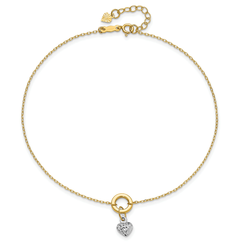 14K Two-tone Circle with Diamond-cut Puffed Heart Dangle 9 inch Plus 1 inch Extender - Total 10 inch - Sophia Jewelers