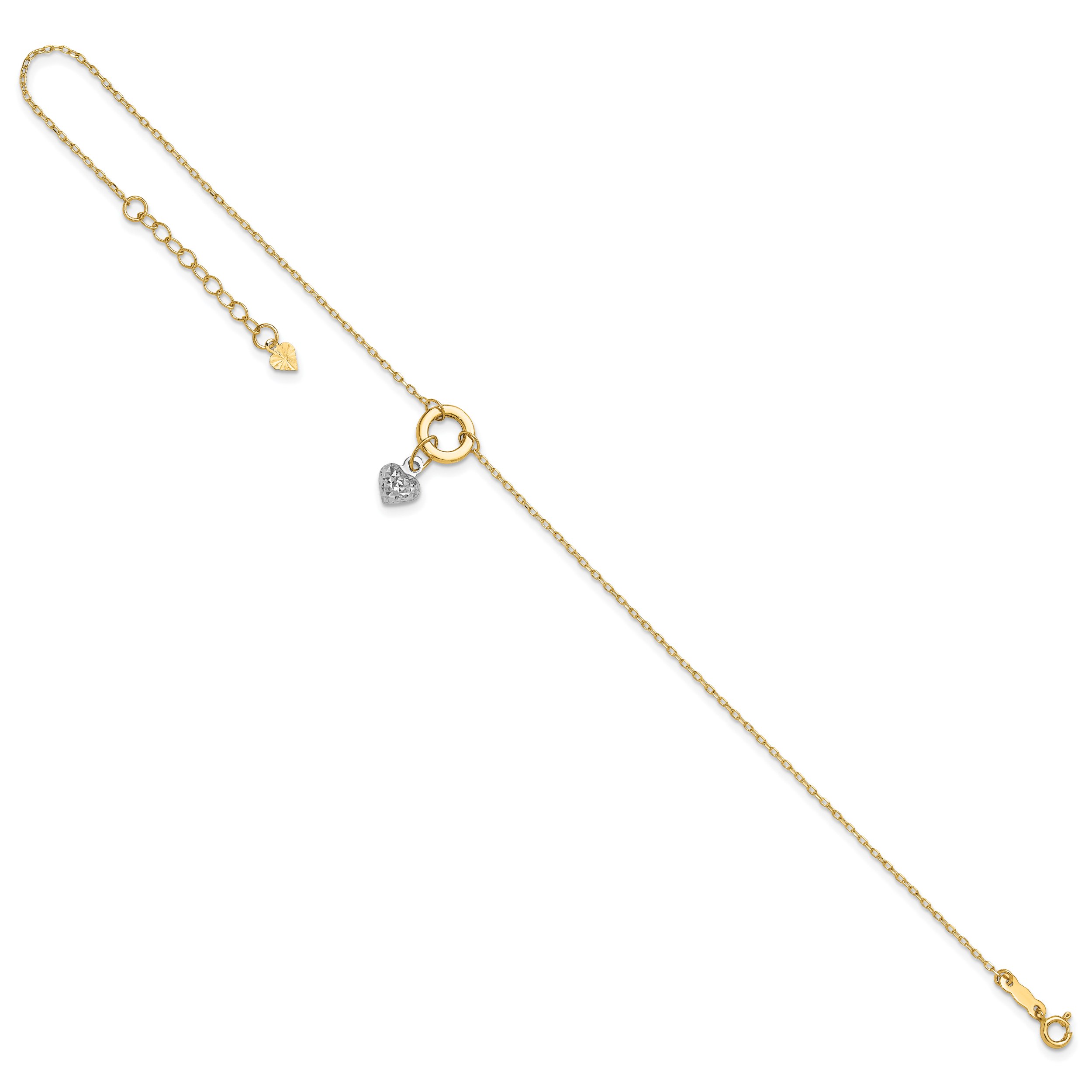 14K Two-tone Circle with Diamond-cut Puffed Heart Dangle 9 inch Plus 1 inch Extender - Total 10 inch - Sophia Jewelers