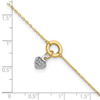 14K Two-tone Circle with Diamond-cut Puffed Heart Dangle 9 inch Plus 1 inch Extender - Total 10 inch - Sophia Jewelers