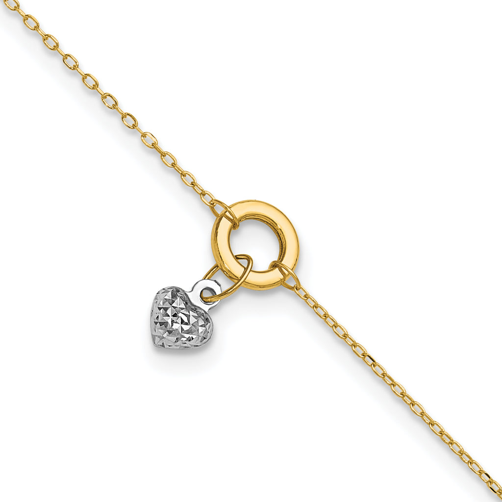 14K Two-tone Circle with Diamond-cut Puffed Heart Dangle 9 inch Plus 1 inch Extender - Total 10 inch - Sophia Jewelers