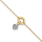 14K Two-tone Circle with Diamond-cut Puffed Heart Dangle 9 inch Plus 1 inch Extender - Total 10 inch - Sophia Jewelers
