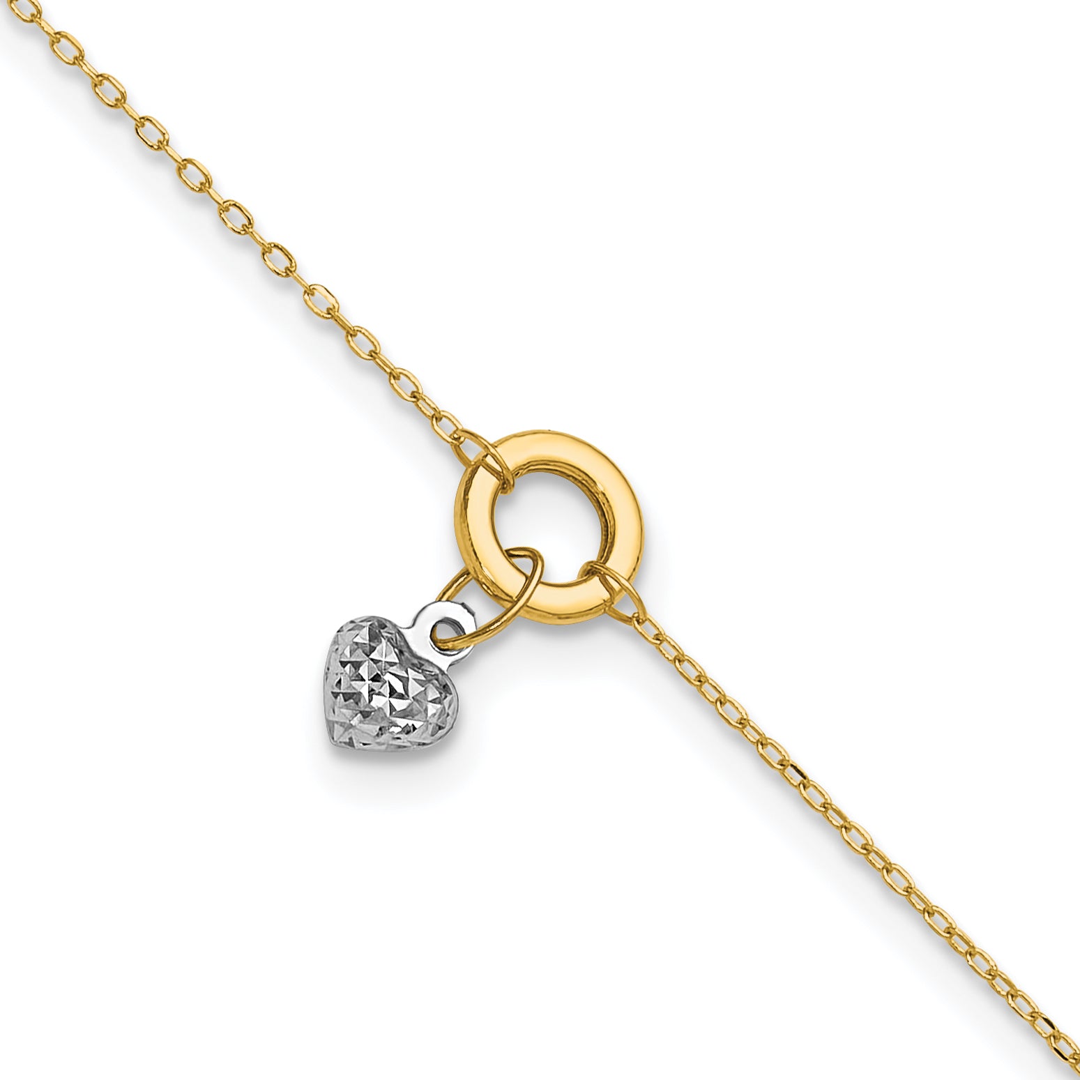 14K Two-tone Circle with Diamond-cut Puffed Heart Dangle 9 inch Plus 1 inch Extender - Total 10 inch - Sophia Jewelers