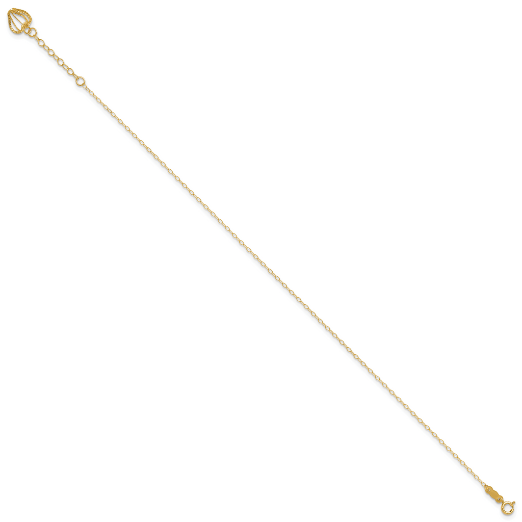 14K Cable Chain with Diamond-cut Heart Cage Dangle 9 inch Plus 1 inch Extender - Total 10 inch Ankle - Sophia Jewelers