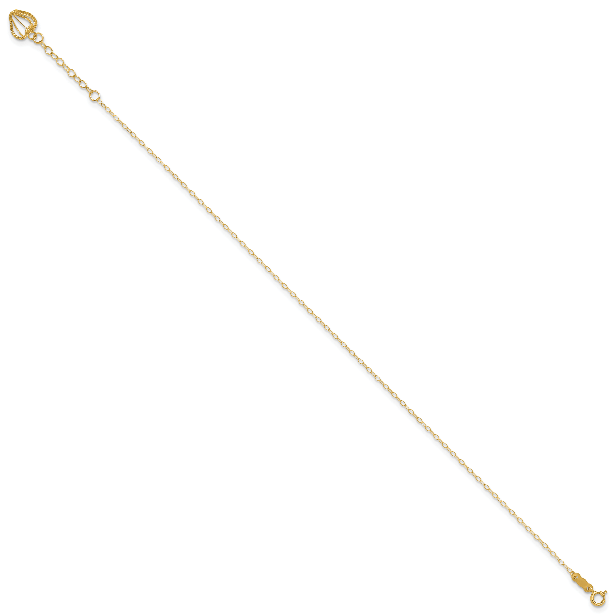 14K Cable Chain with Diamond-cut Heart Cage Dangle 9 inch Plus 1 inch Extender - Total 10 inch Ankle - Sophia Jewelers