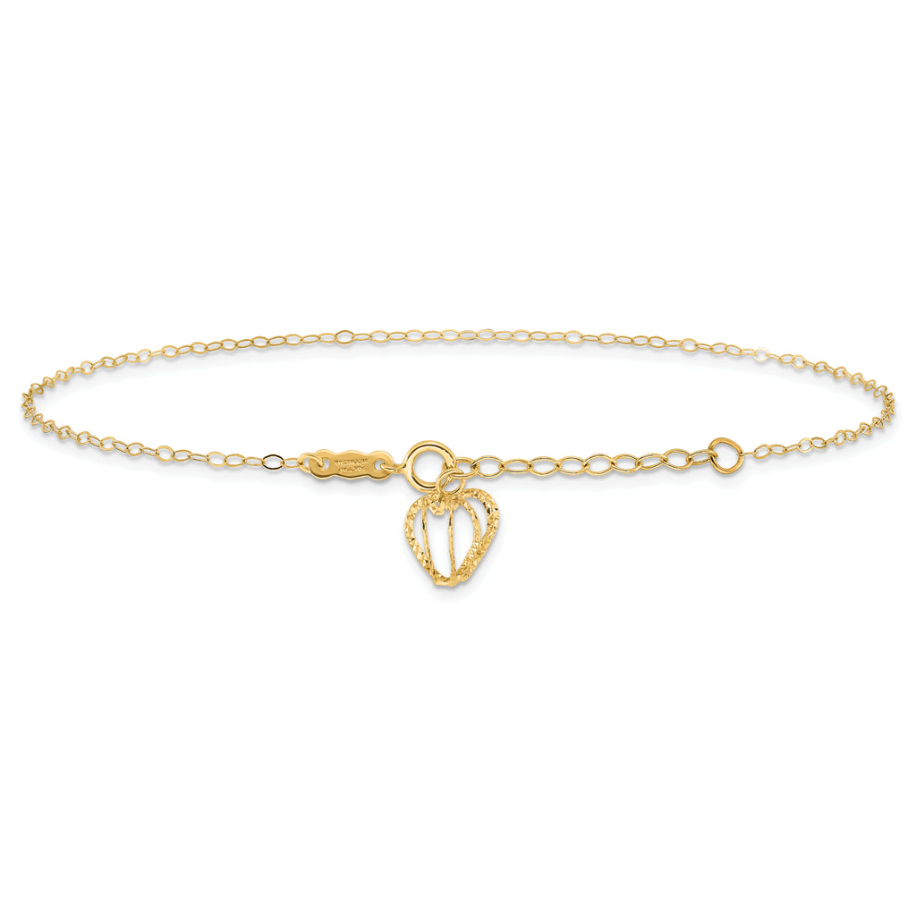 14K Cable Chain with Diamond-cut Heart Cage Dangle 9 inch Plus 1 inch Extender - Total 10 inch Ankle - Sophia Jewelers