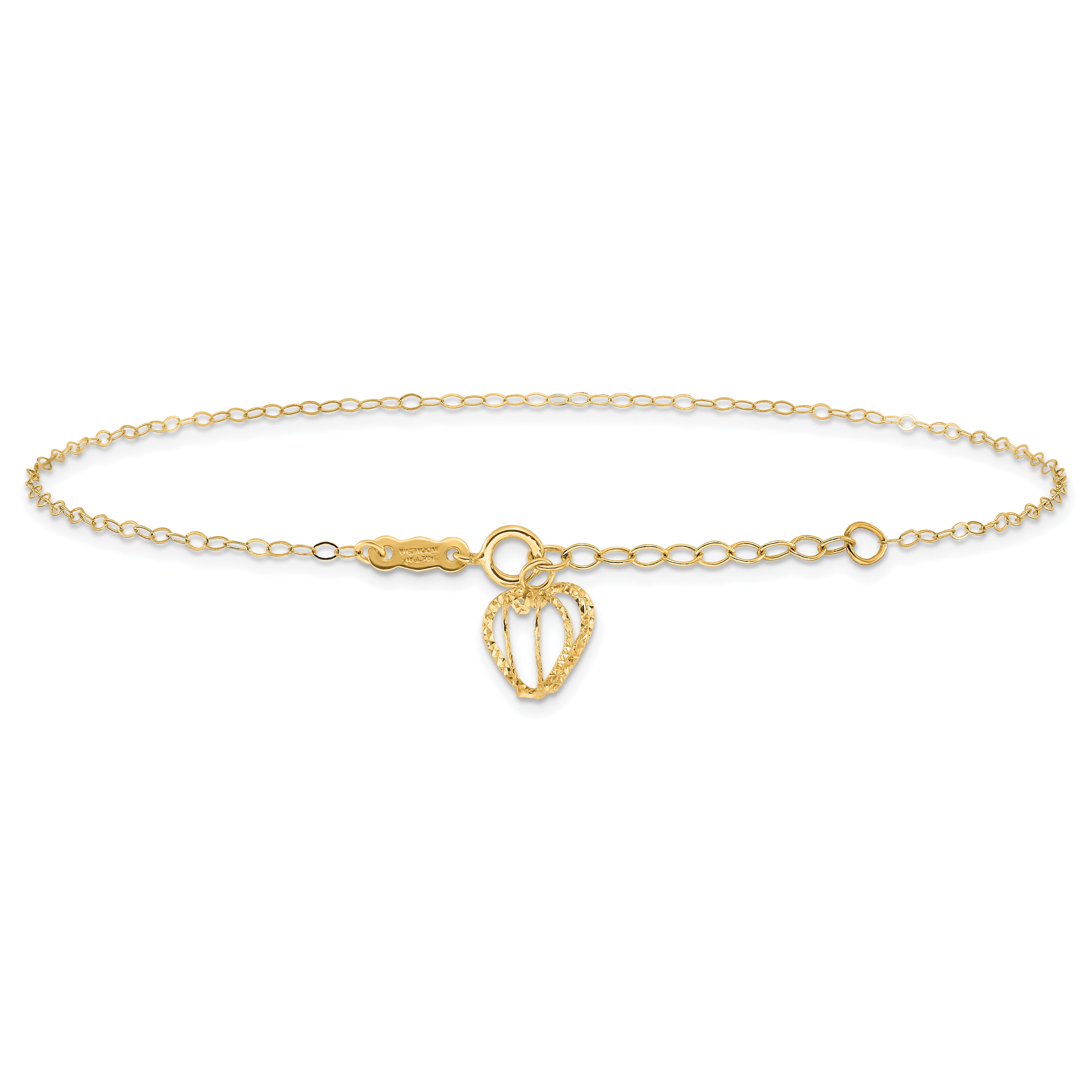 14K Cable Chain with Diamond-cut Heart Cage Dangle 9 inch Plus 1 inch Extender - Total 10 inch Ankle - Sophia Jewelers