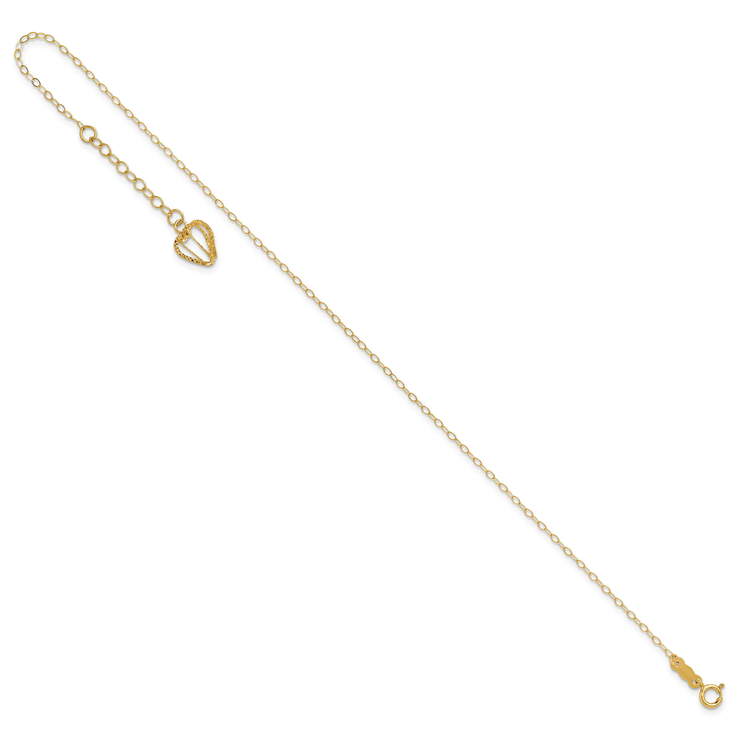 14K Cable Chain with Diamond-cut Heart Cage Dangle 9 inch Plus 1 inch Extender - Total 10 inch Ankle - Sophia Jewelers