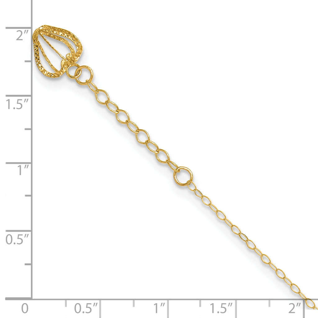 14K Cable Chain with Diamond-cut Heart Cage Dangle 9 inch Plus 1 inch Extender - Total 10 inch Ankle - Sophia Jewelers