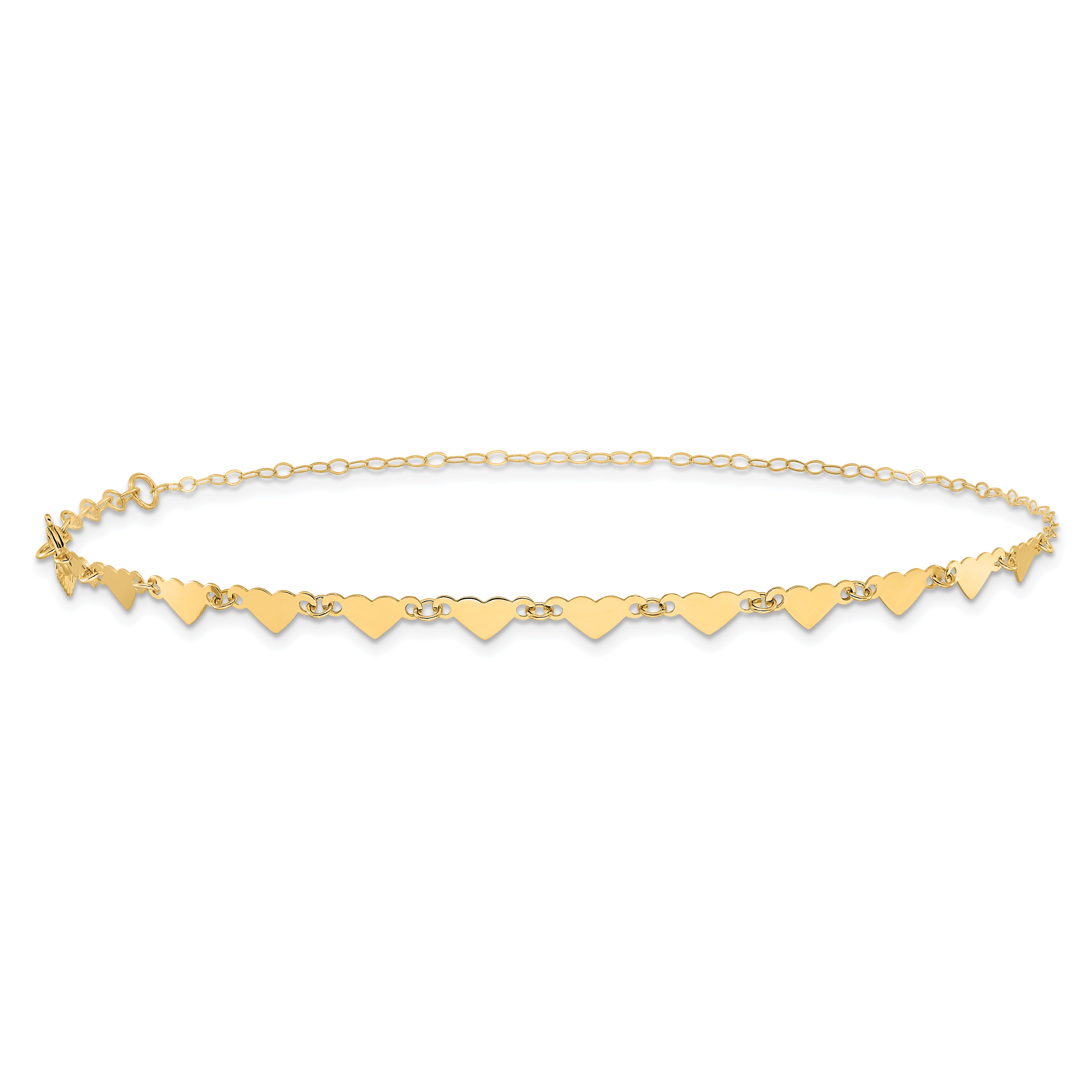 14K Hearts and Oval Links 9 inch Plus 1 inch Extender - Total 10 inch Anklet - Sophia Jewelers