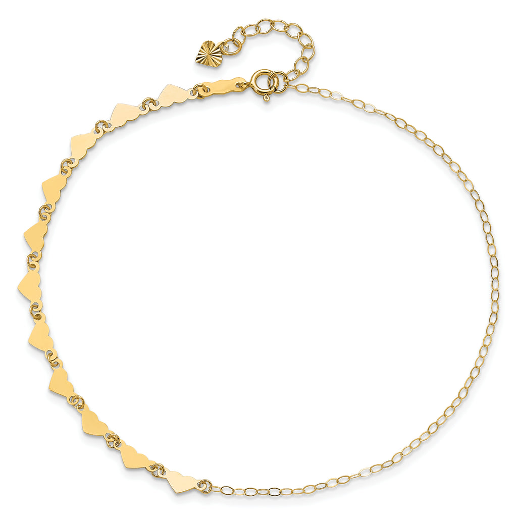 14K Hearts and Oval Links 9 inch Plus 1 inch Extender - Total 10 inch Anklet - Sophia Jewelers