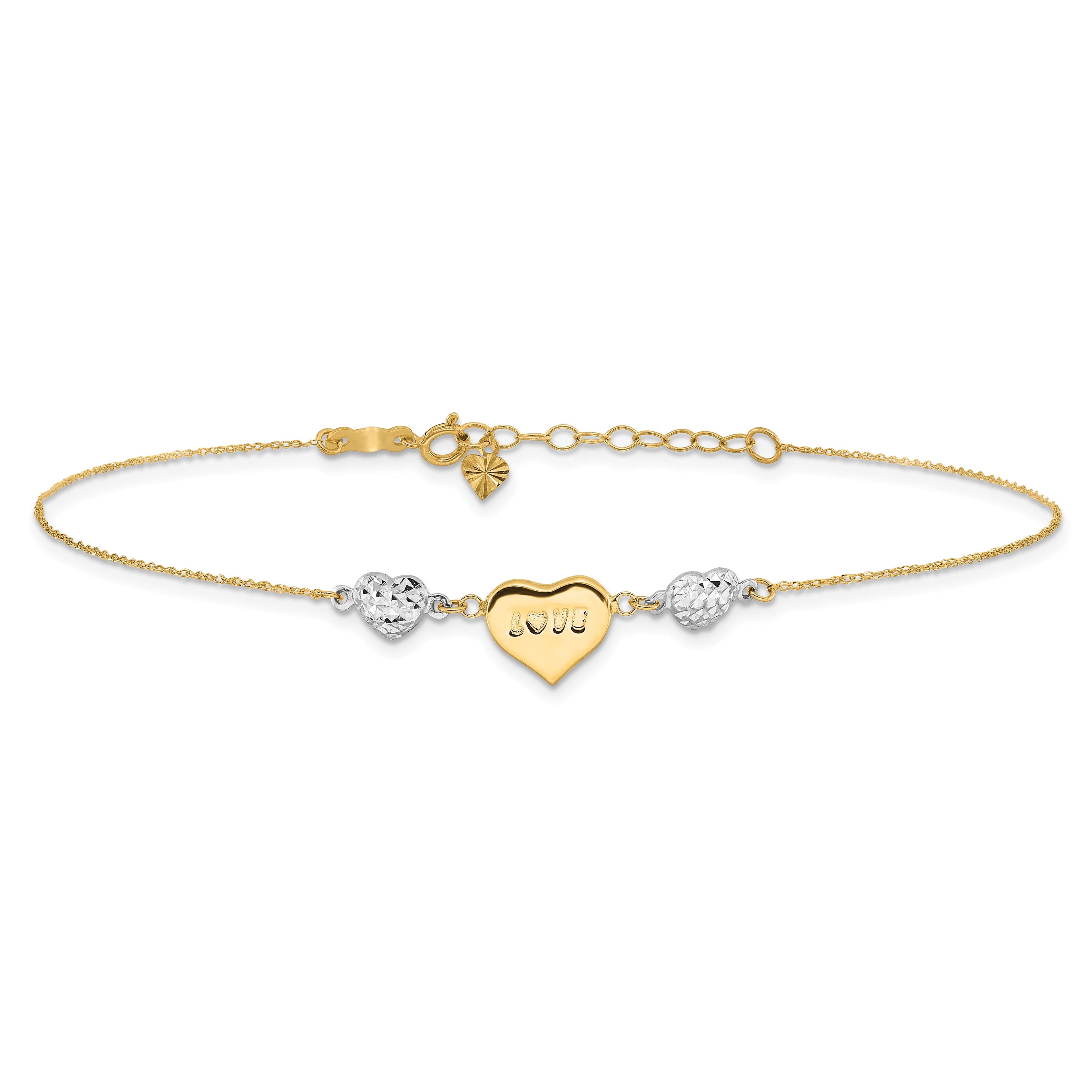 14K Two-tone Diamond-cut and LOVE Puffed Heart 9 inch Plus 1 inch Extender - Total 10 inch Anklet - Sophia Jewelers
