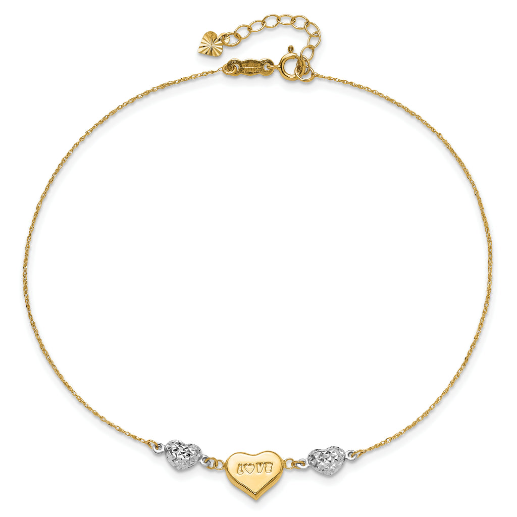 14K Two-tone Diamond-cut and LOVE Puffed Heart 9 inch Plus 1 inch Extender - Total 10 inch Anklet - Sophia Jewelers