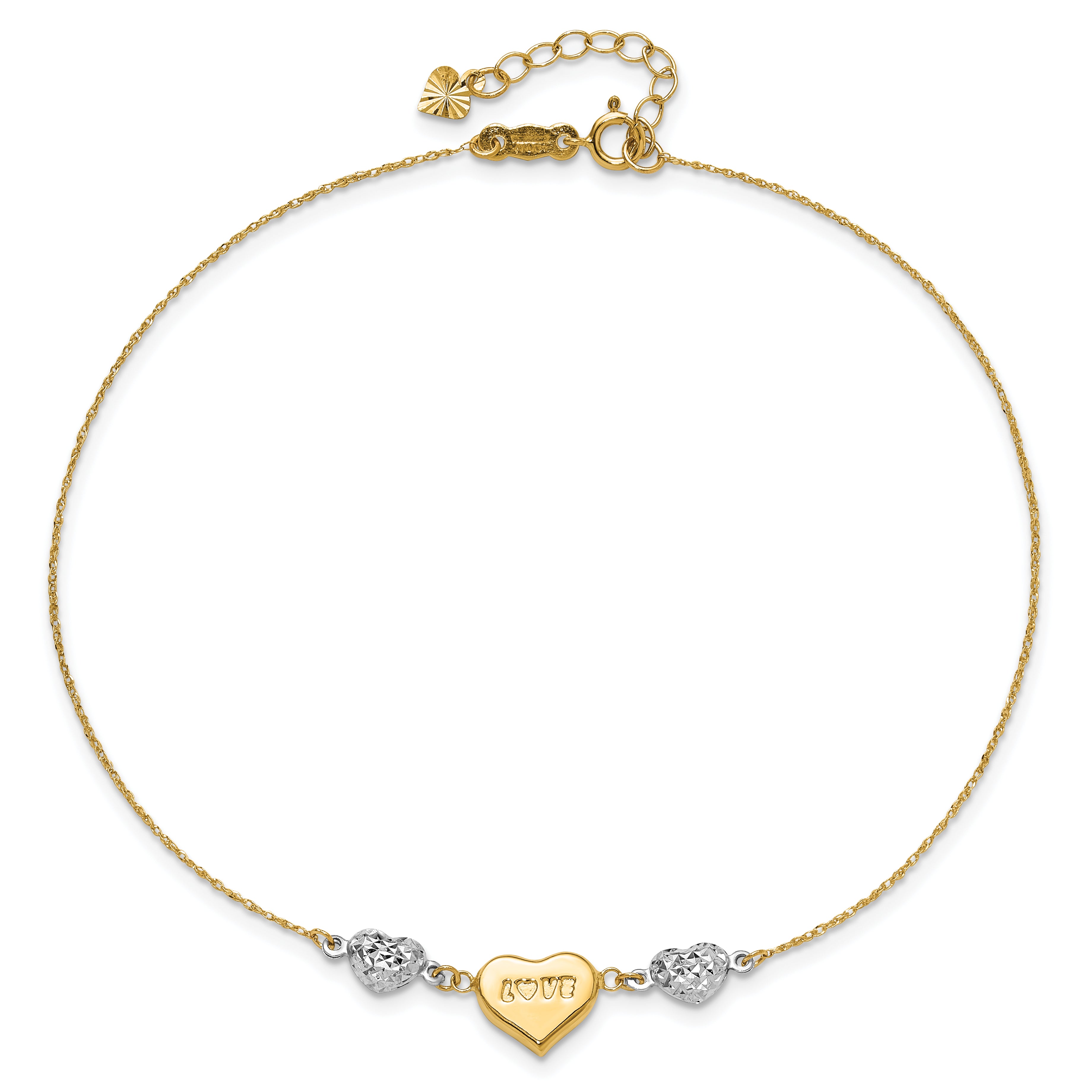 14K Two-tone Diamond-cut and LOVE Puffed Heart 9 inch Plus 1 inch Extender - Total 10 inch Anklet - Sophia Jewelers