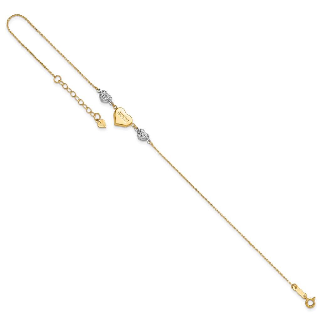 14K Two-tone Diamond-cut and LOVE Puffed Heart 9 inch Plus 1 inch Extender - Total 10 inch Anklet - Sophia Jewelers