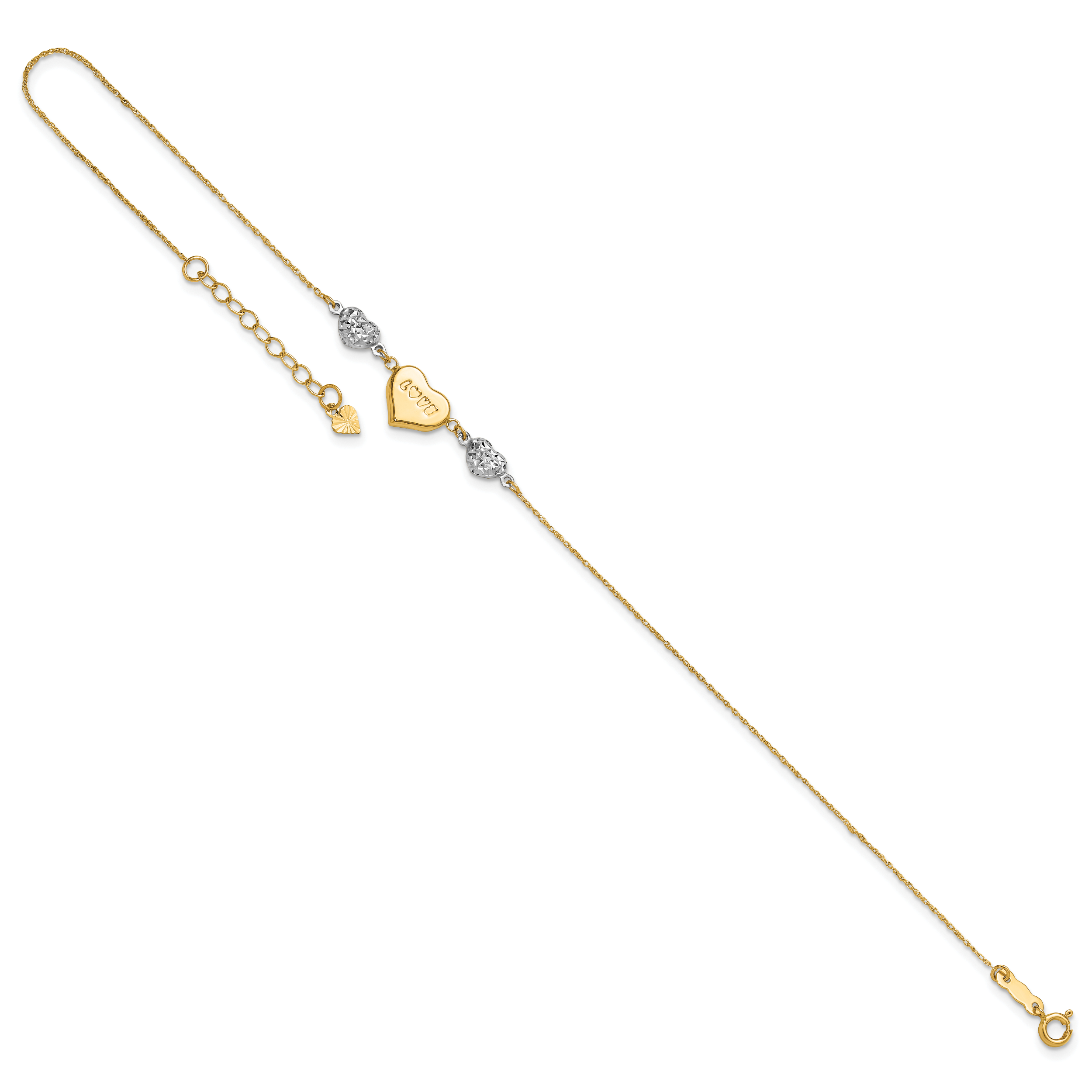 14K Two-tone Diamond-cut and LOVE Puffed Heart 9 inch Plus 1 inch Extender - Total 10 inch Anklet - Sophia Jewelers