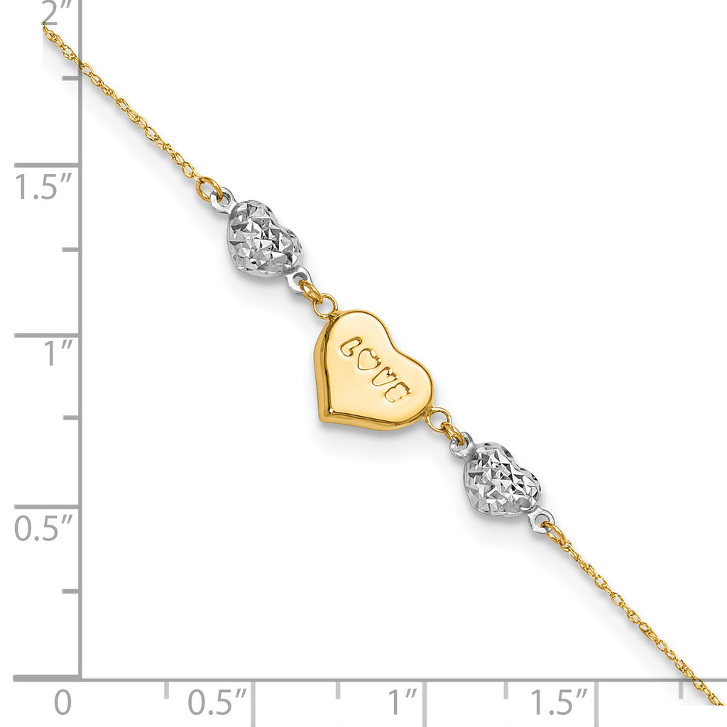 14K Two-tone Diamond-cut and LOVE Puffed Heart 9 inch Plus 1 inch Extender - Total 10 inch Anklet - Sophia Jewelers