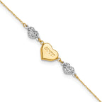 14K Two-tone Diamond-cut and LOVE Puffed Heart 9 inch Plus 1 inch Extender - Total 10 inch Anklet - Sophia Jewelers