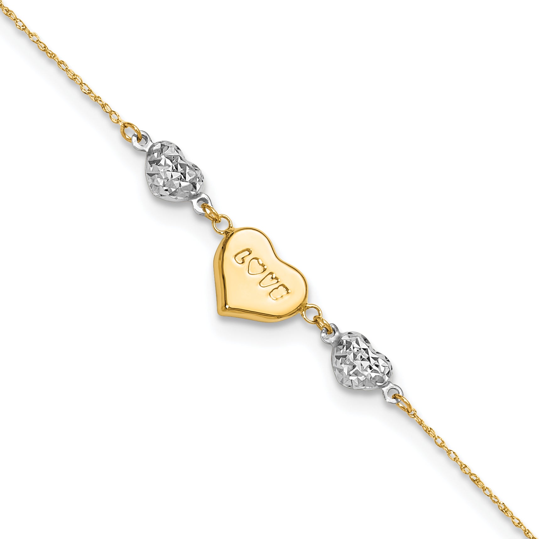 14K Two-tone Diamond-cut and LOVE Puffed Heart 9 inch Plus 1 inch Extender - Total 10 inch Anklet - Sophia Jewelers